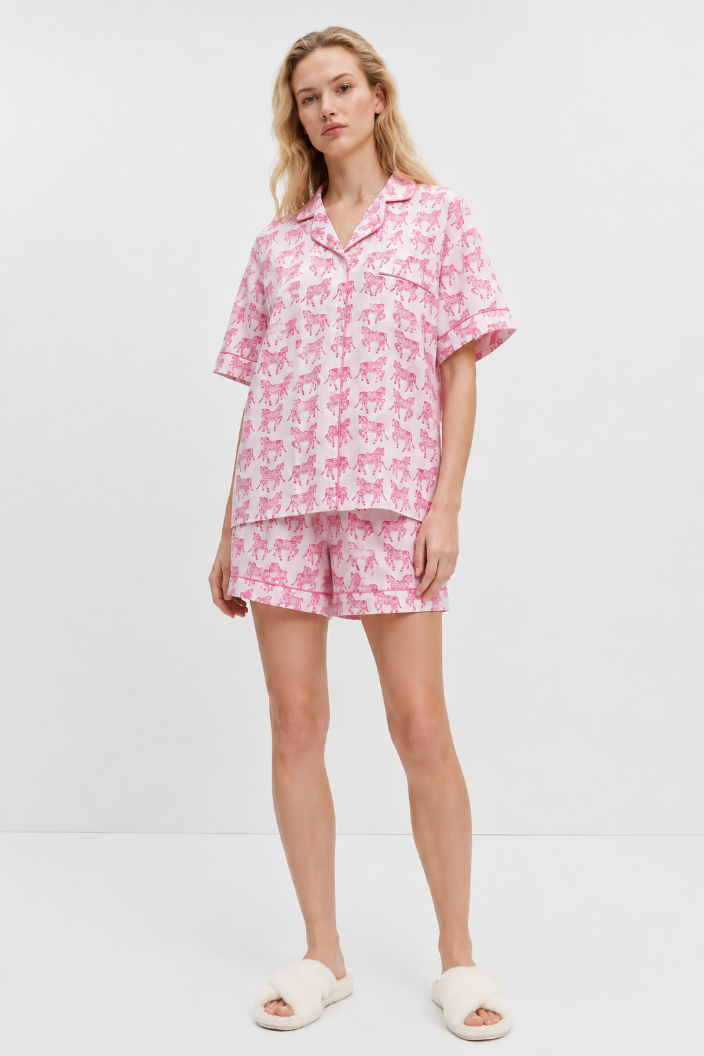 Delicate Woodblock Horse Print Short Sleeve, Short Trouser Pyjamas in soft pinks