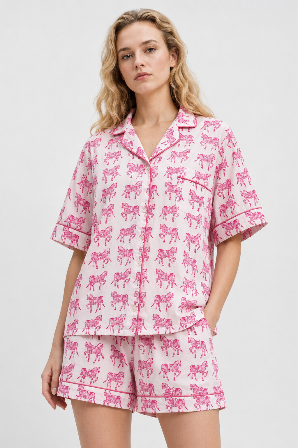 Delicate Woodblock Horse Print Short Sleeve, Short Trouser Pyjamas in soft pinks