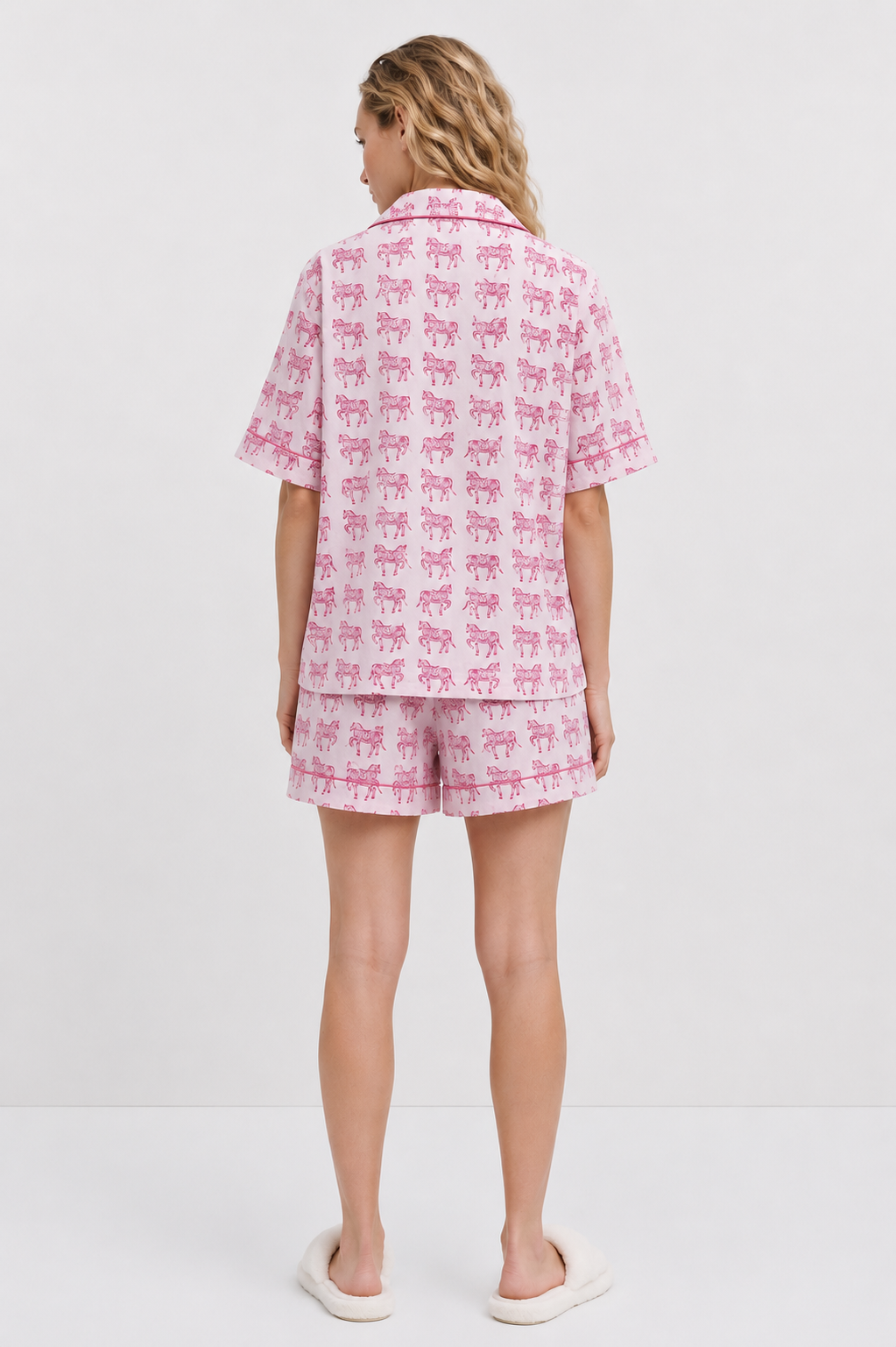 Delicate Woodblock Horse Print Short Sleeve, Short Trouser Pyjamas in soft pinks