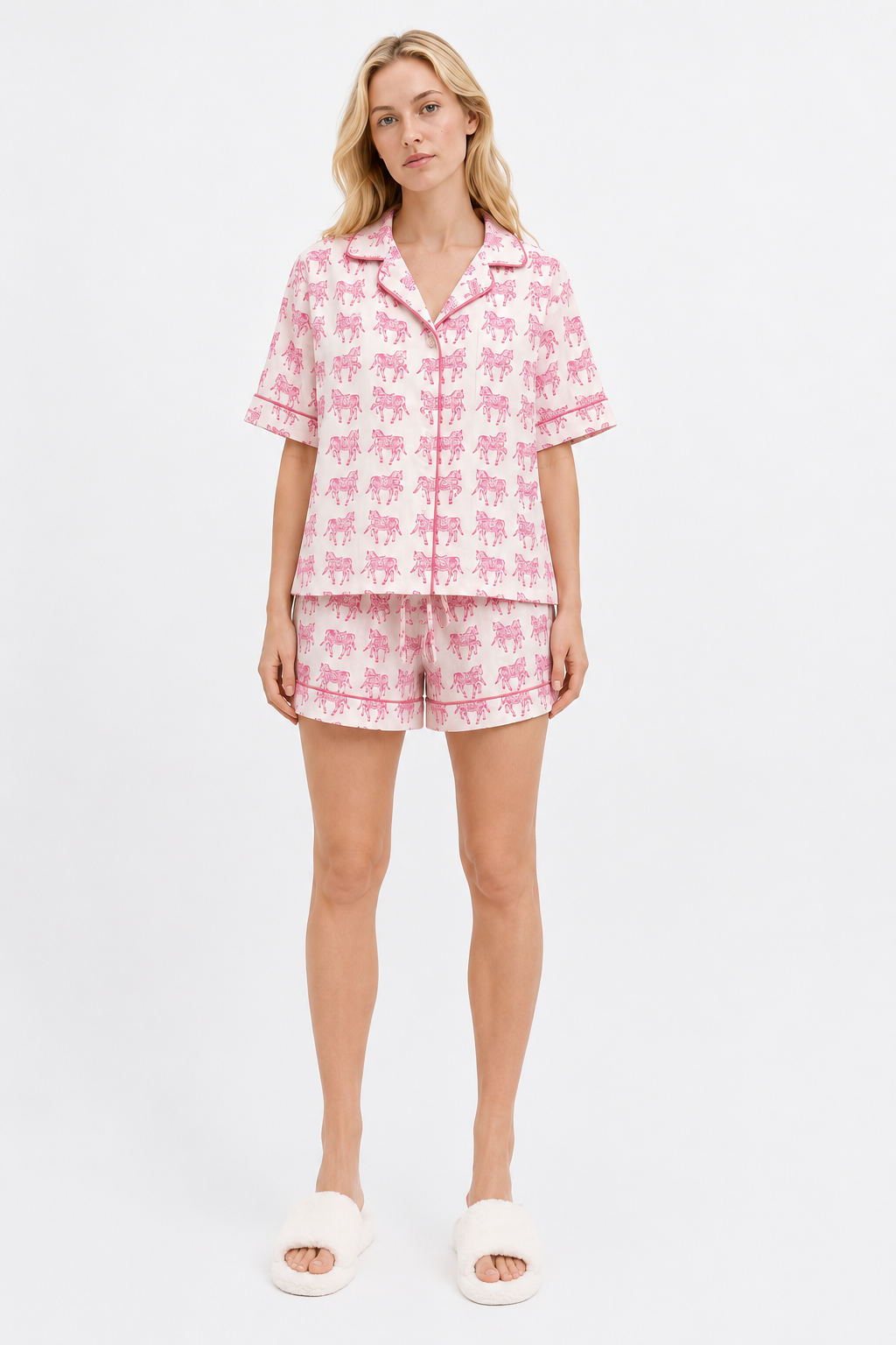 Delicate Woodblock Horse Print Short Sleeve, Short Trouser Pyjamas in soft pinks