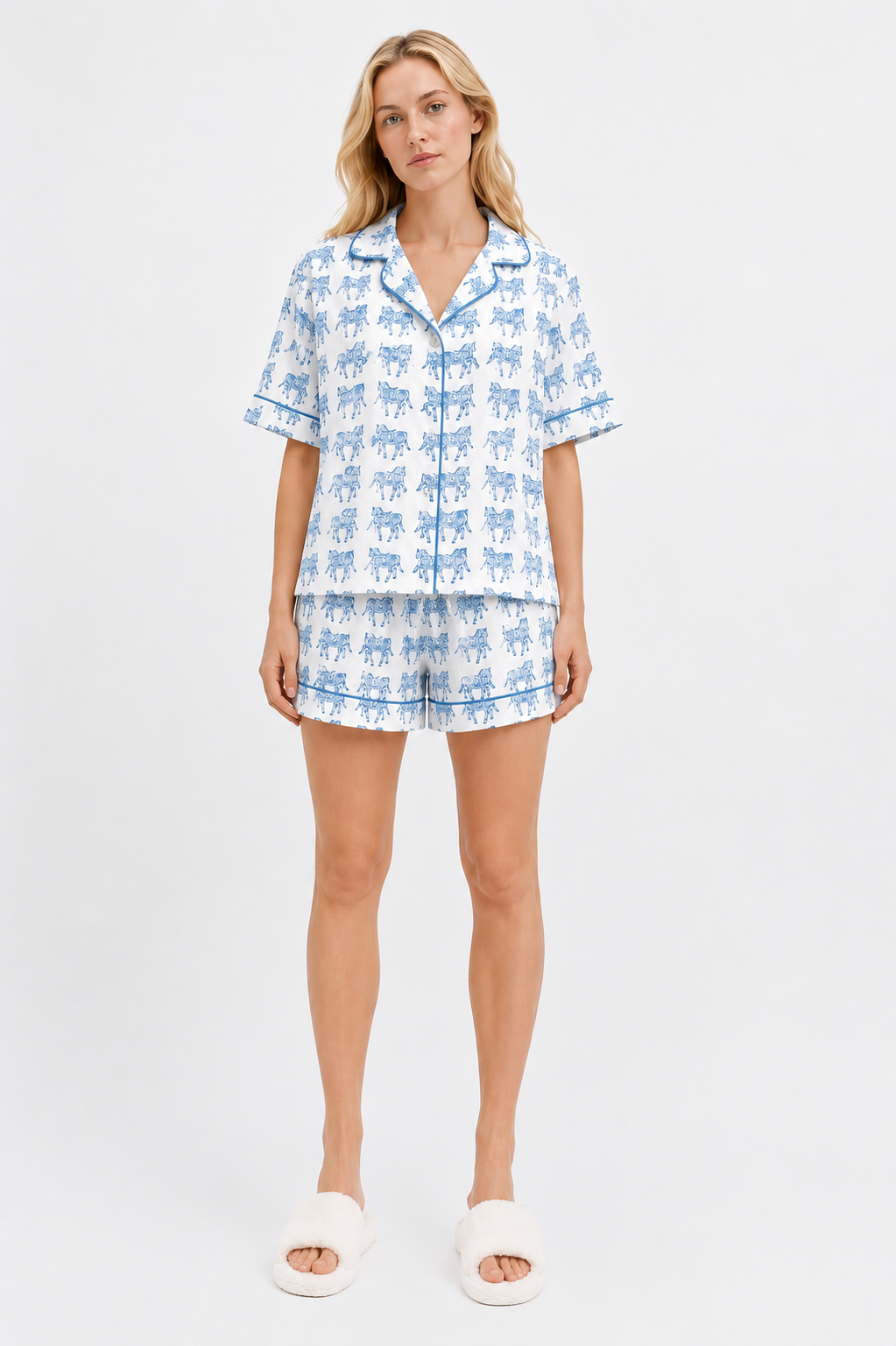 Delicate woodblock horse print short sleeve, short trousers cotton pyjamas in soft blues