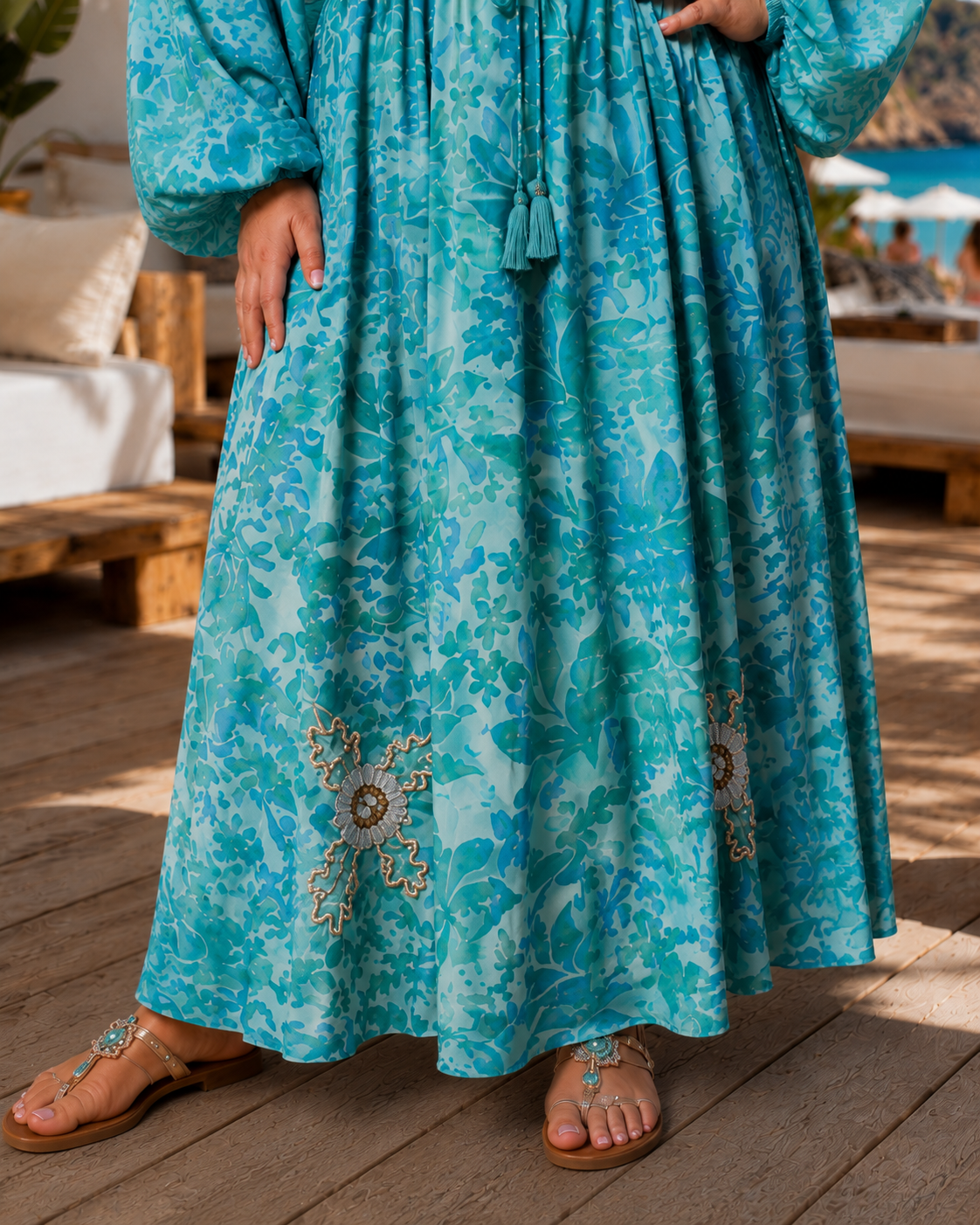 Caz Kaftan long in mint green, leaf print with hand embellishment