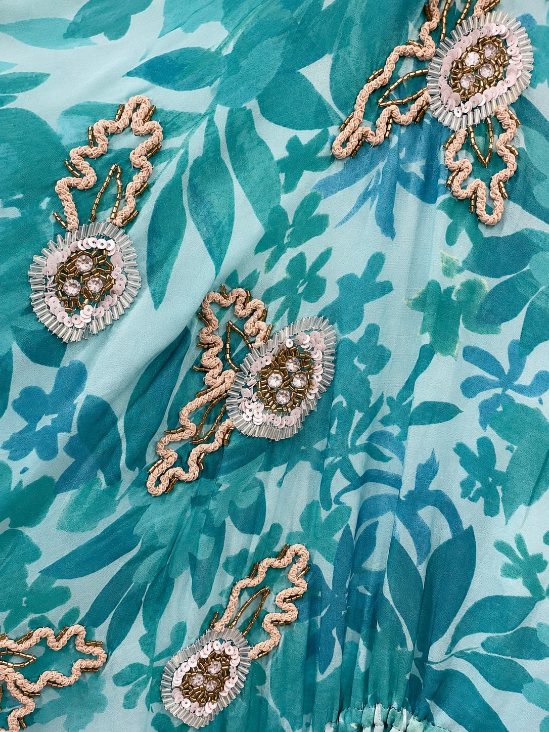 Caz Kaftan long in mint green, leaf print with hand embellishment