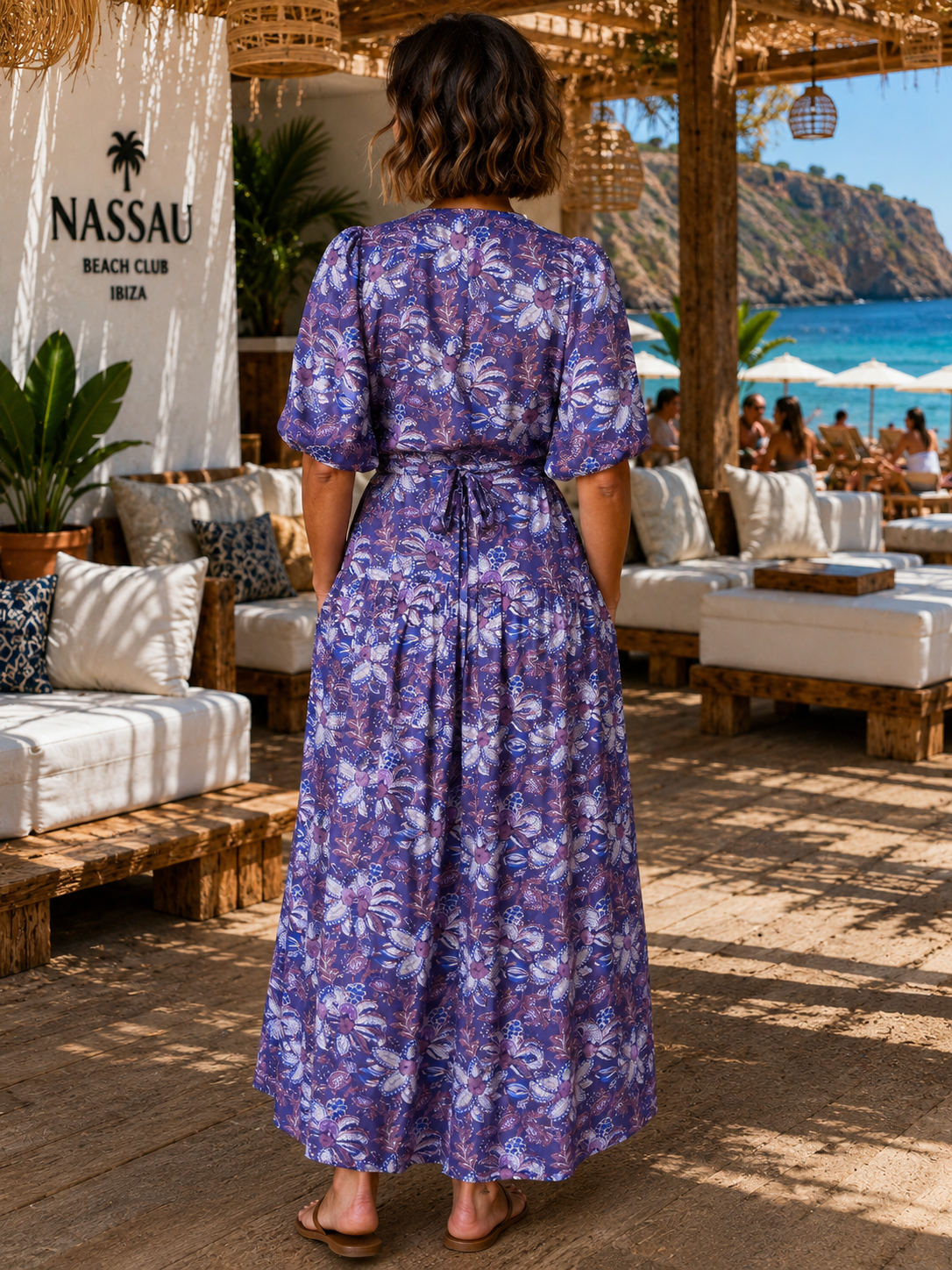 Lilian Wrap Dress - Puff sleeve wrap dress in a purple floral viscose satin, Maxi length