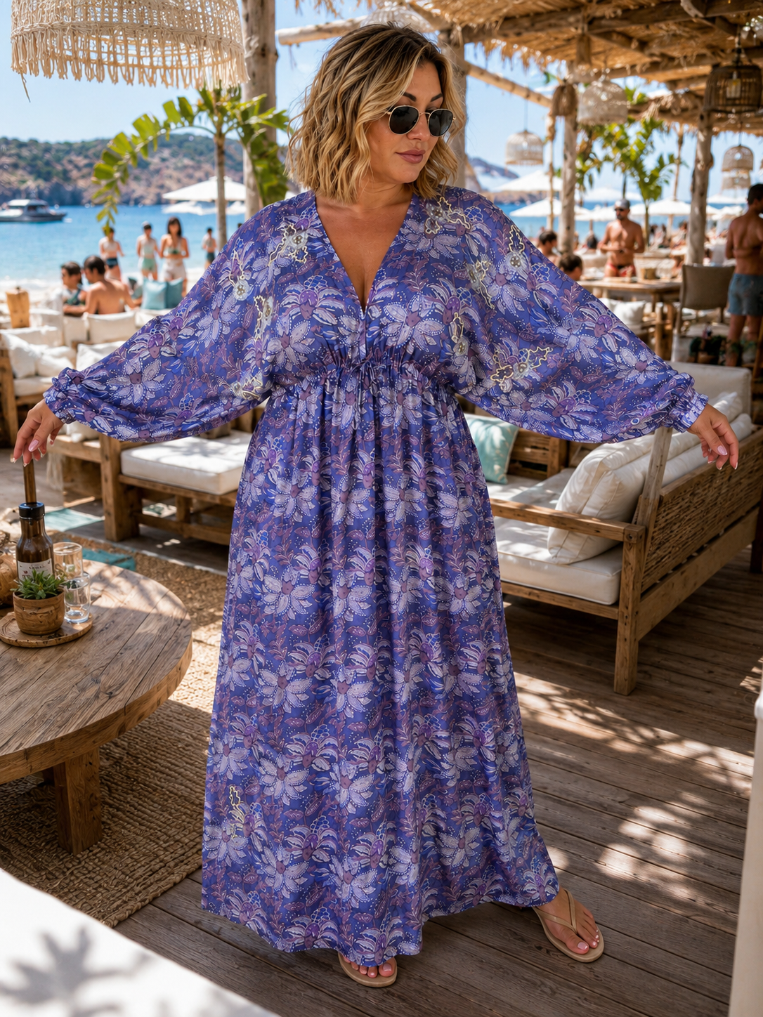 Caz Kaftan long in Lilac, leaf print with hand embellishment