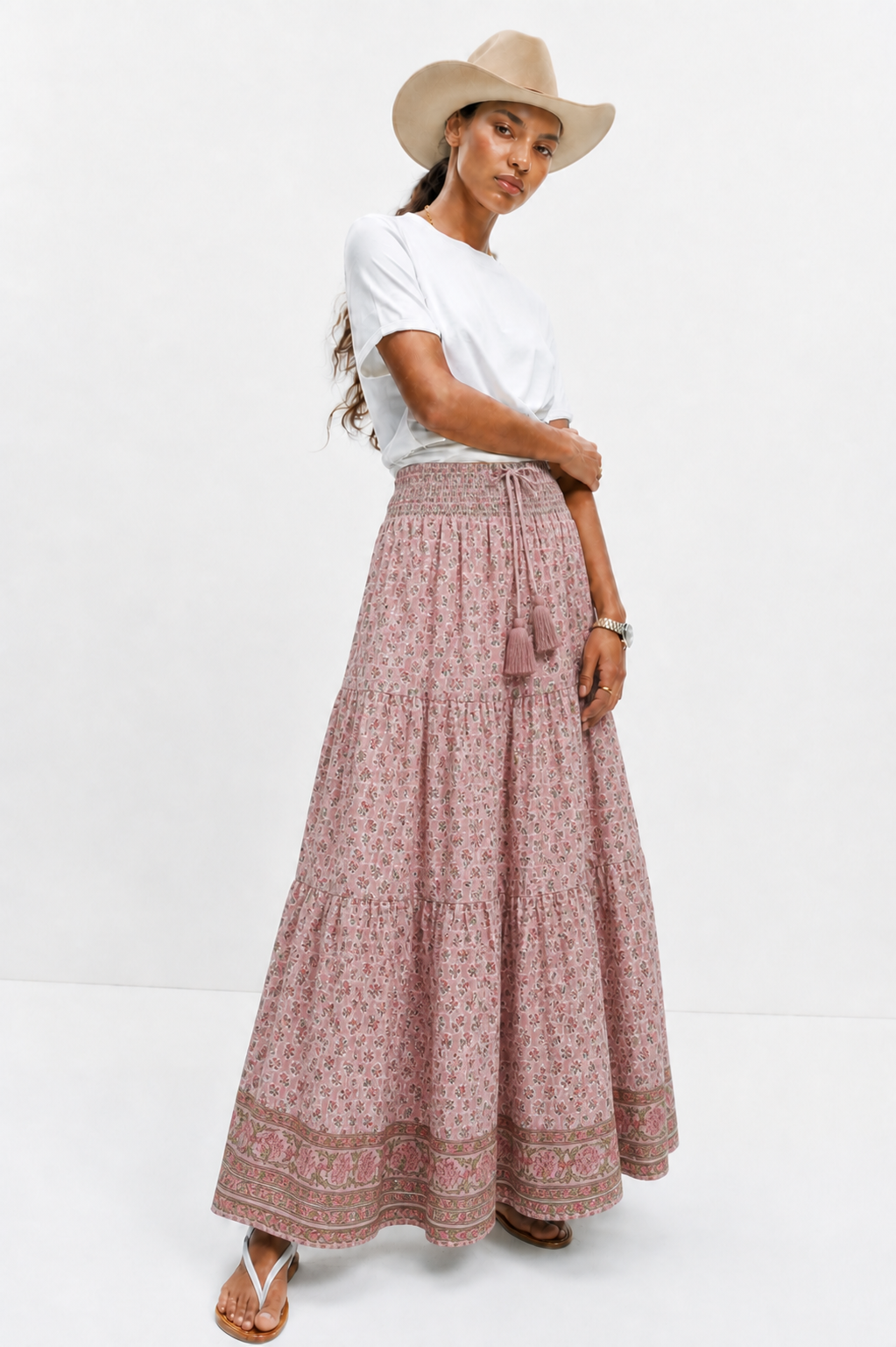 Adalyn Pink Wood blocked printed gypsy skirt long