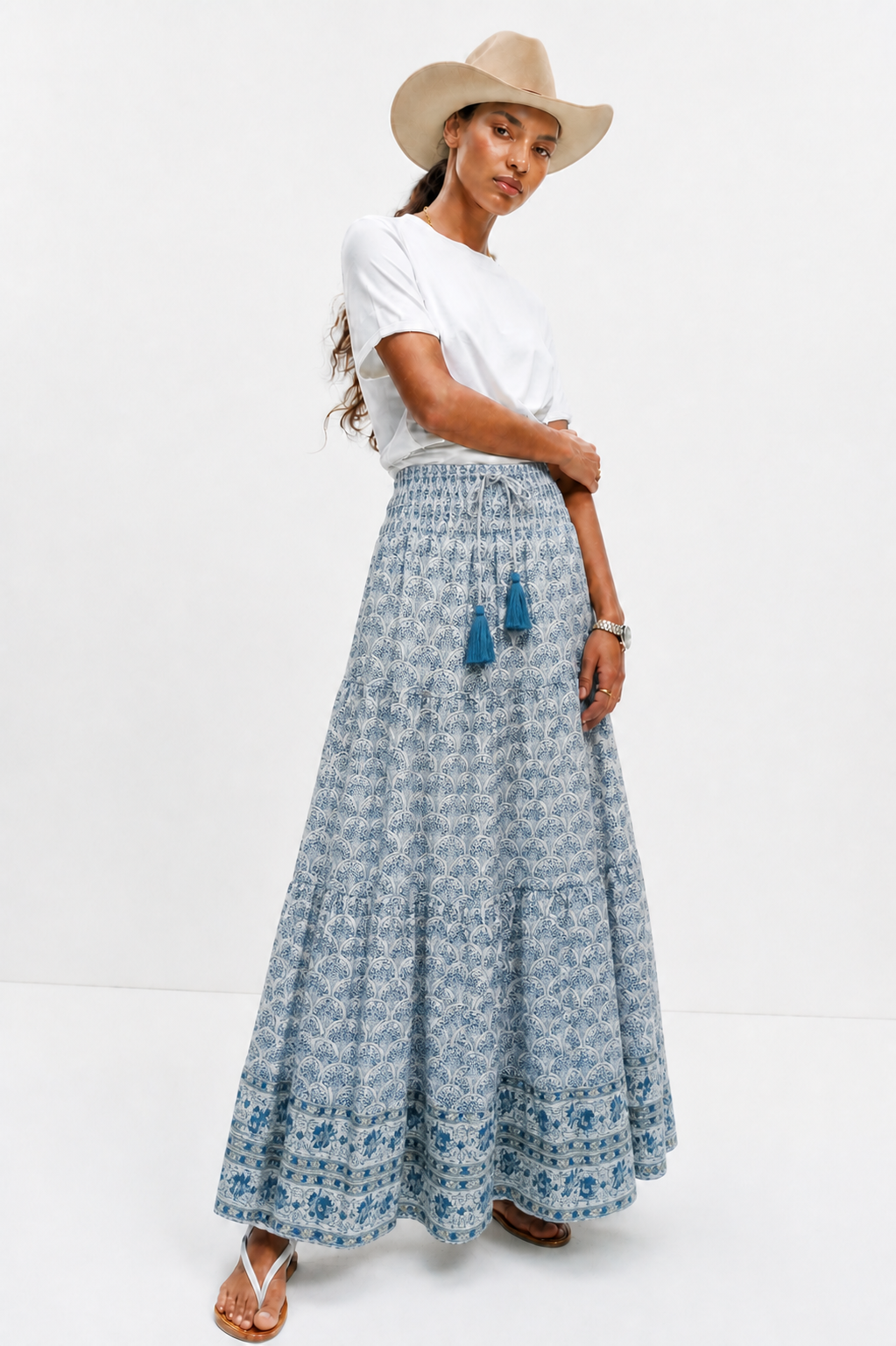 Adalyn Pattern Maxi woodblock printed skirt in green
