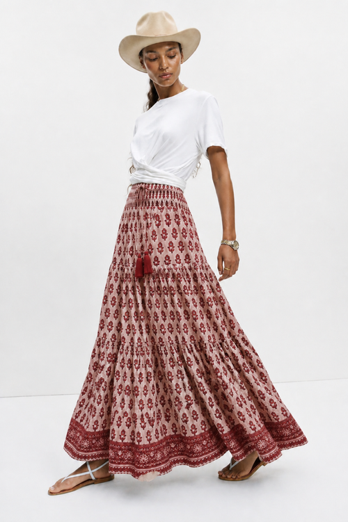 Adalyn Pink Wood blocked printed gypsy skirt long