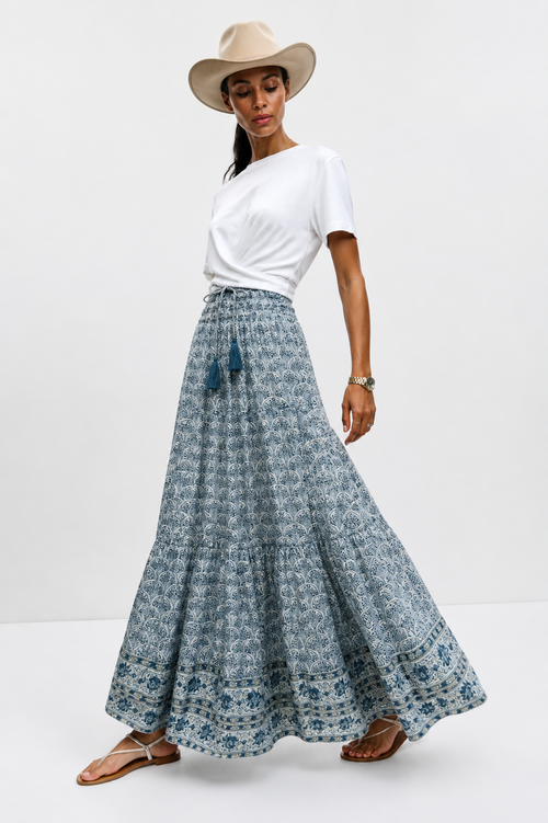 Adalyn Pattern Maxi woodblock printed skirt in green