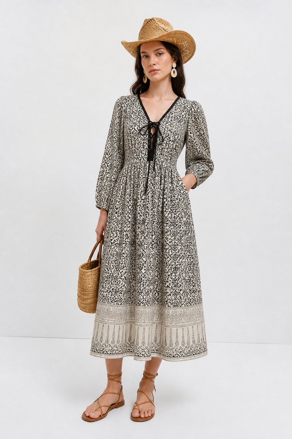 Aria Black and ecru woodblock print midi dress with tie front detail. 100% cotton