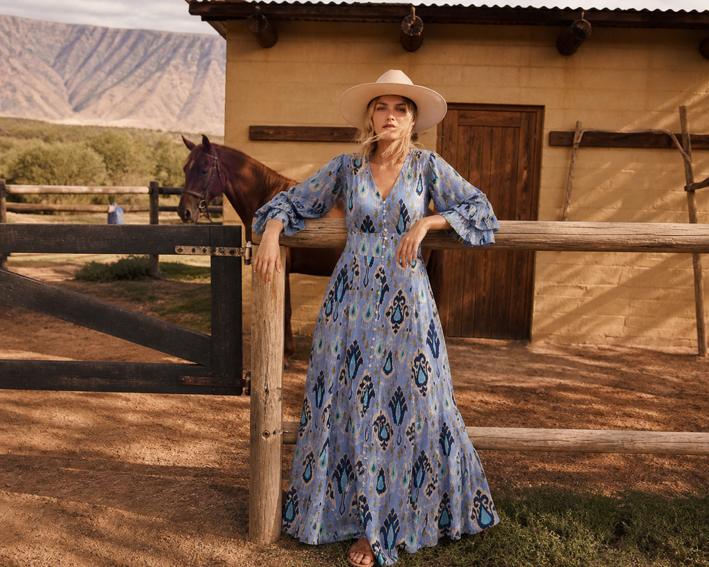 Blue Aztec print satin button through maxi dress