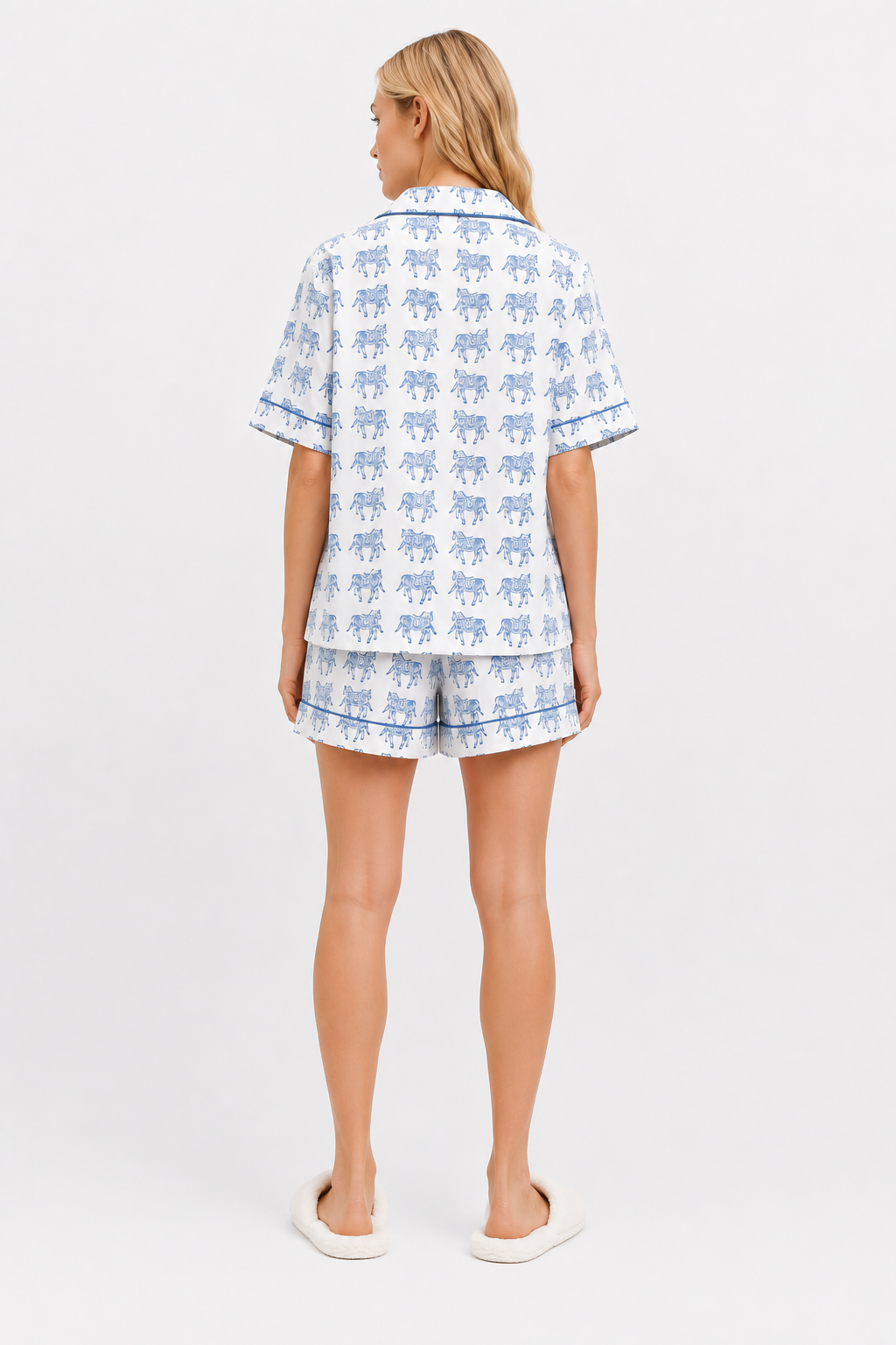 Delicate woodblock horse print short sleeve, short trousers cotton pyjamas in soft blues