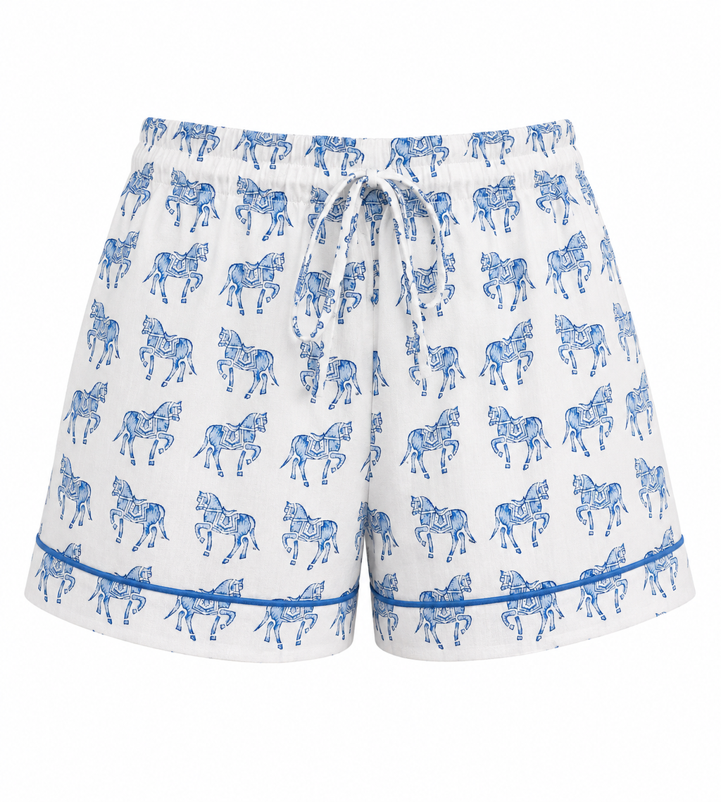 Delicate woodblock horse print short sleeve, short trousers cotton pyjamas in soft blues
