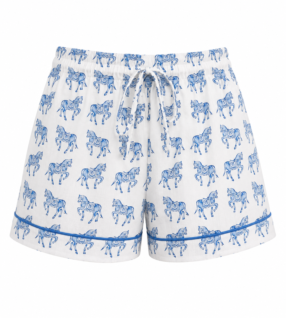 Delicate woodblock horse print short sleeve, short trousers cotton pyjamas in soft blues