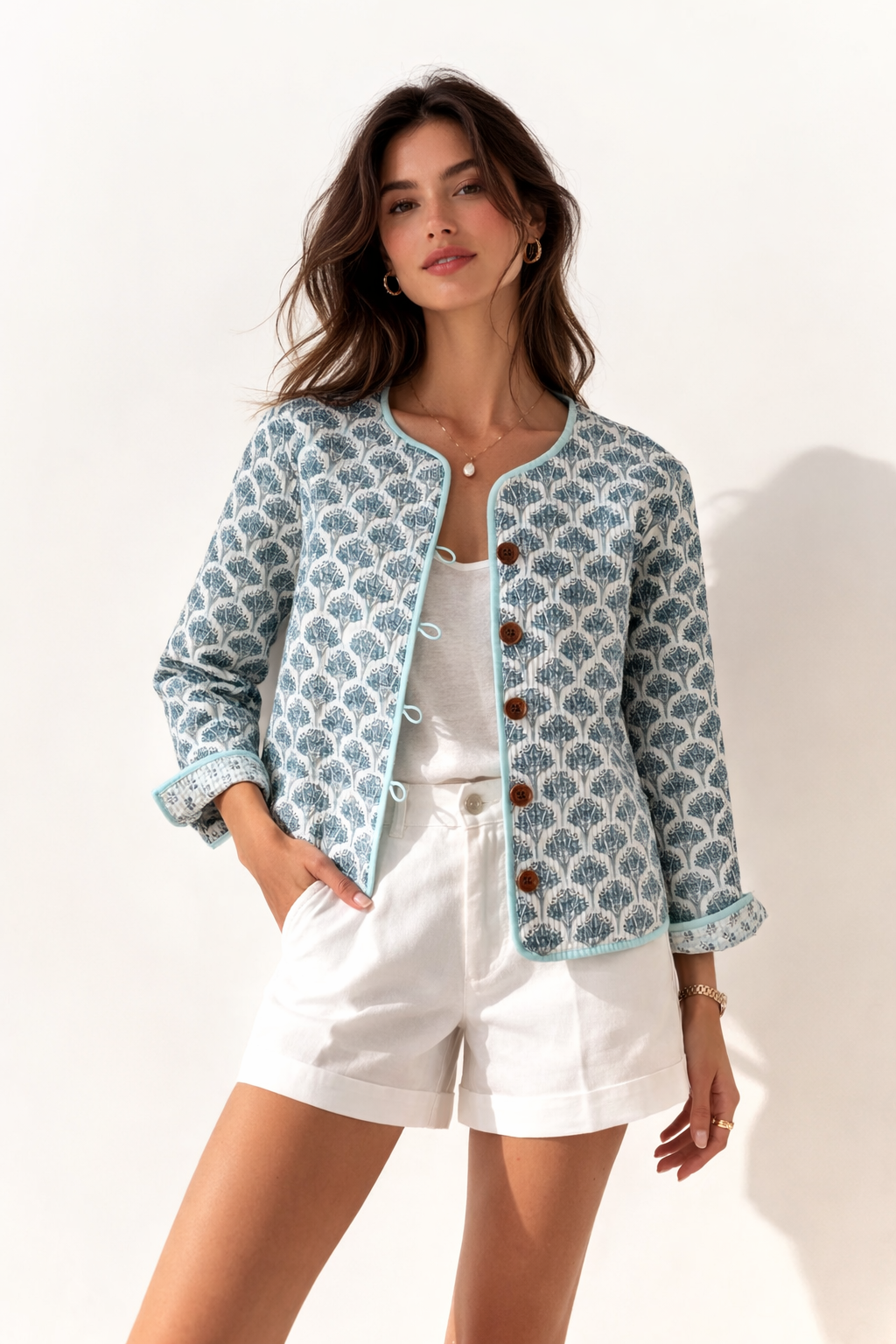 Wood block printed cotton quilted reversible jacket in soft blues.