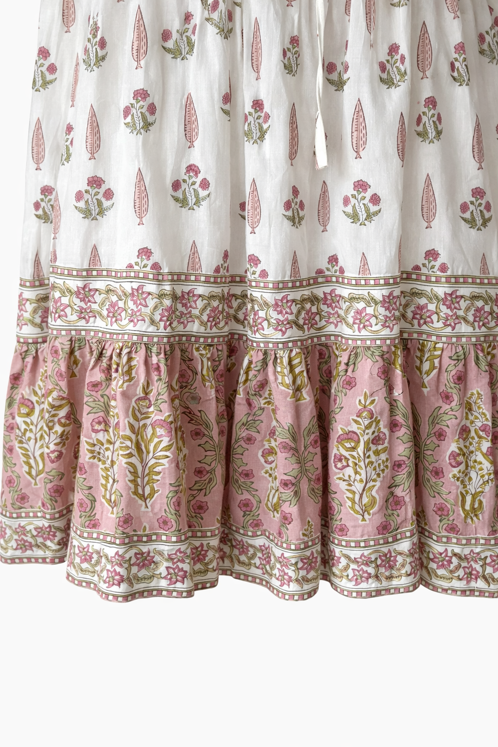 Lalita Cream Woodblock print maxi dress 100% cotton, side pockets and border print hem