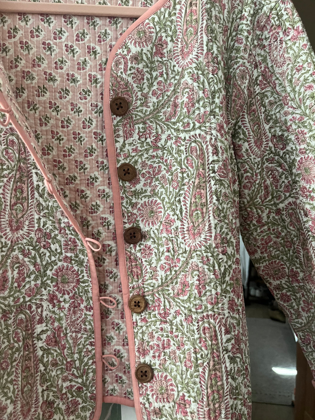Pink/Green Floral wood block printed reversible jacket with wooden buttons, 100% cotton, hand printed by amazingly talented artisans in Jaipur.