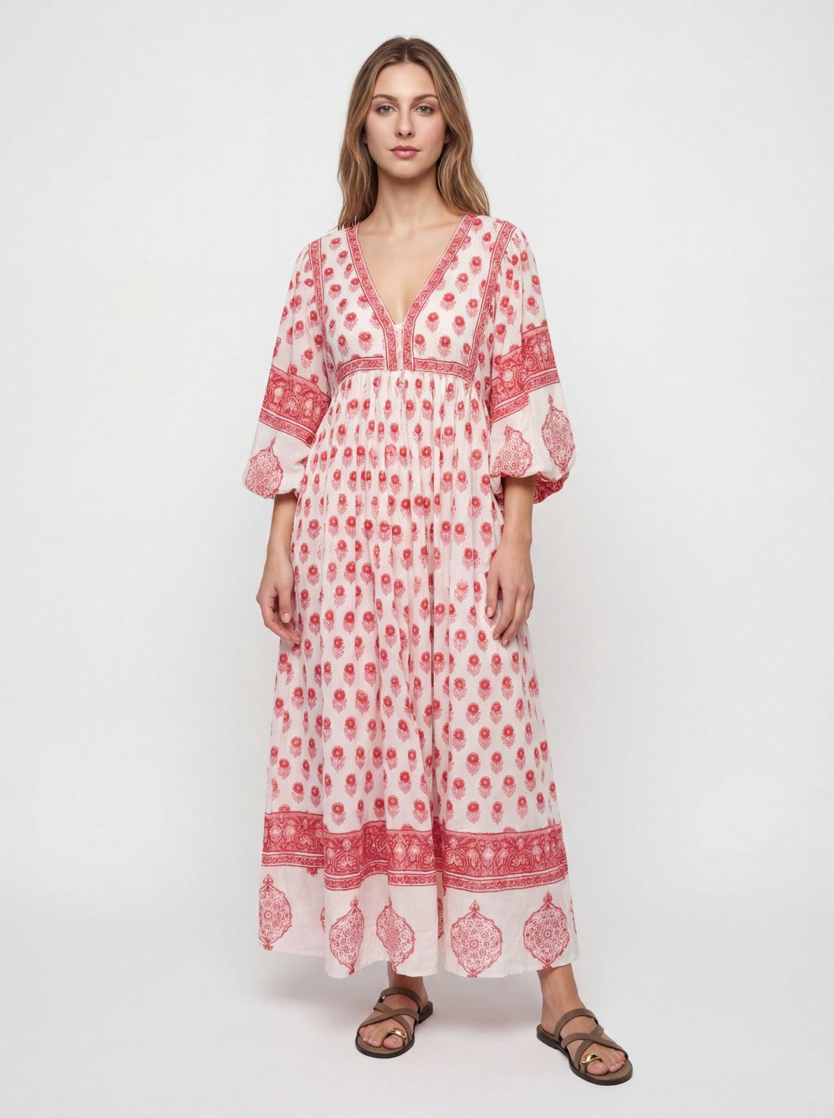 Amelia Red Floaty sleeve Folk Print maxi dress