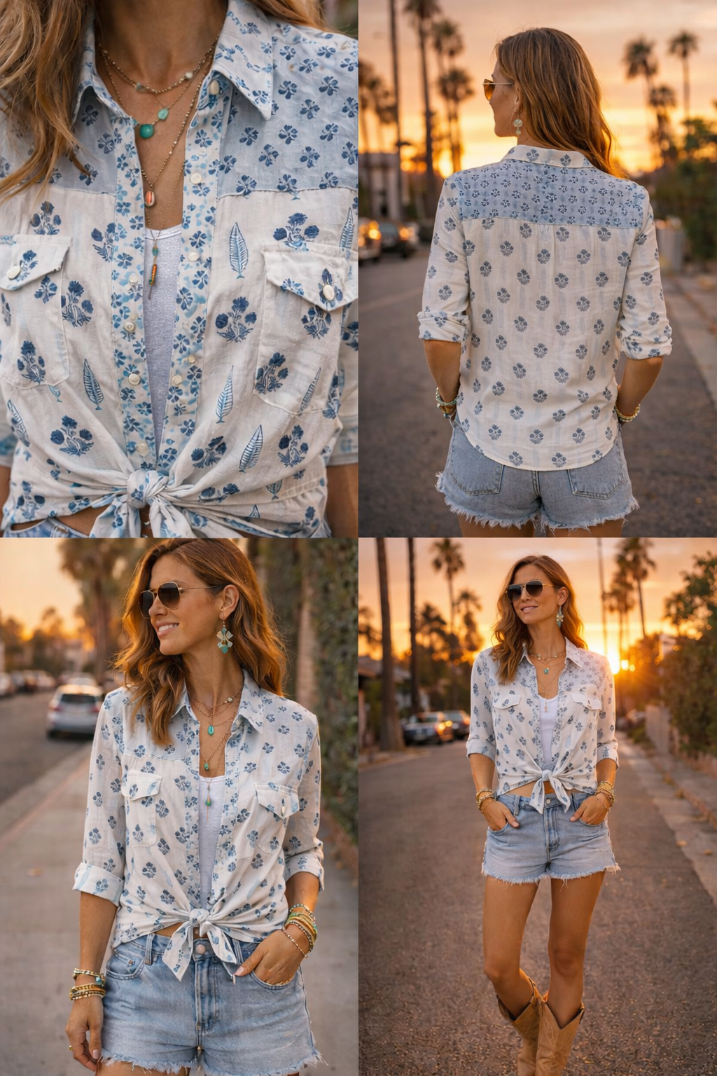 Western style woodblock printed cotton voile shirt