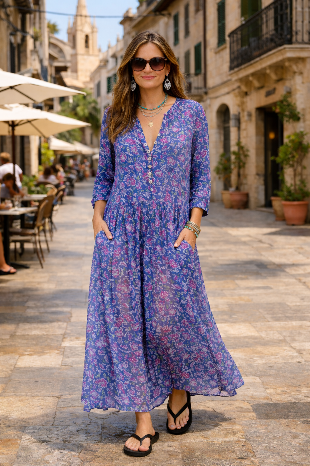 Inky blue cotton / silk mix maxi dress and separate under vest. With side pockets. Beautiful breathable fabric.