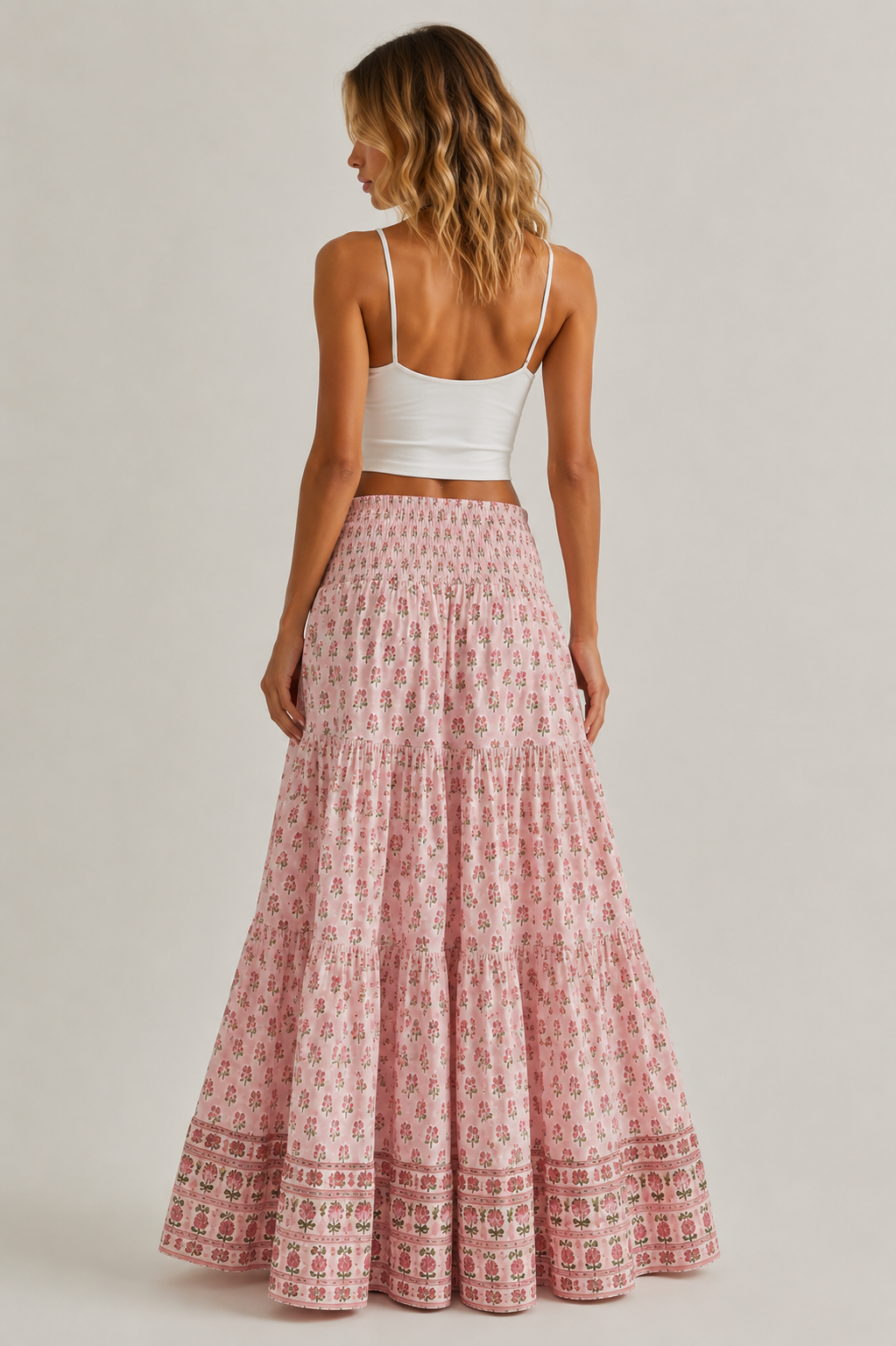 Pink floral woodblock skirt in cotton voile with lining .