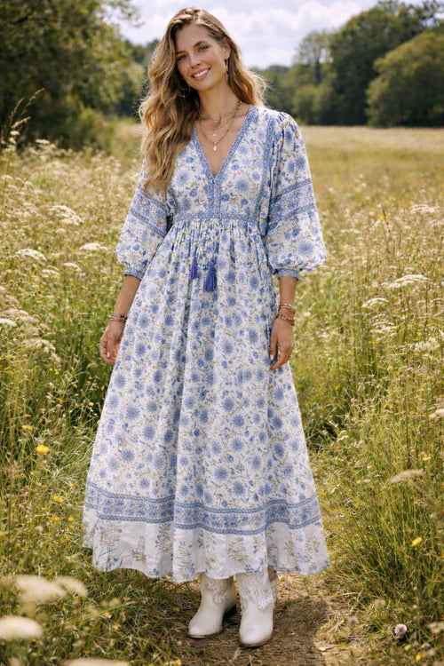 Amelia San Floral in Blue/Green Floaty sleeve maxi folk dress in woodblock print