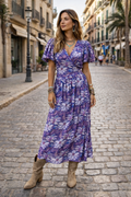 Lilian Wrap Dress - Puff sleeve wrap dress in a purple floral viscose satin, Maxi length