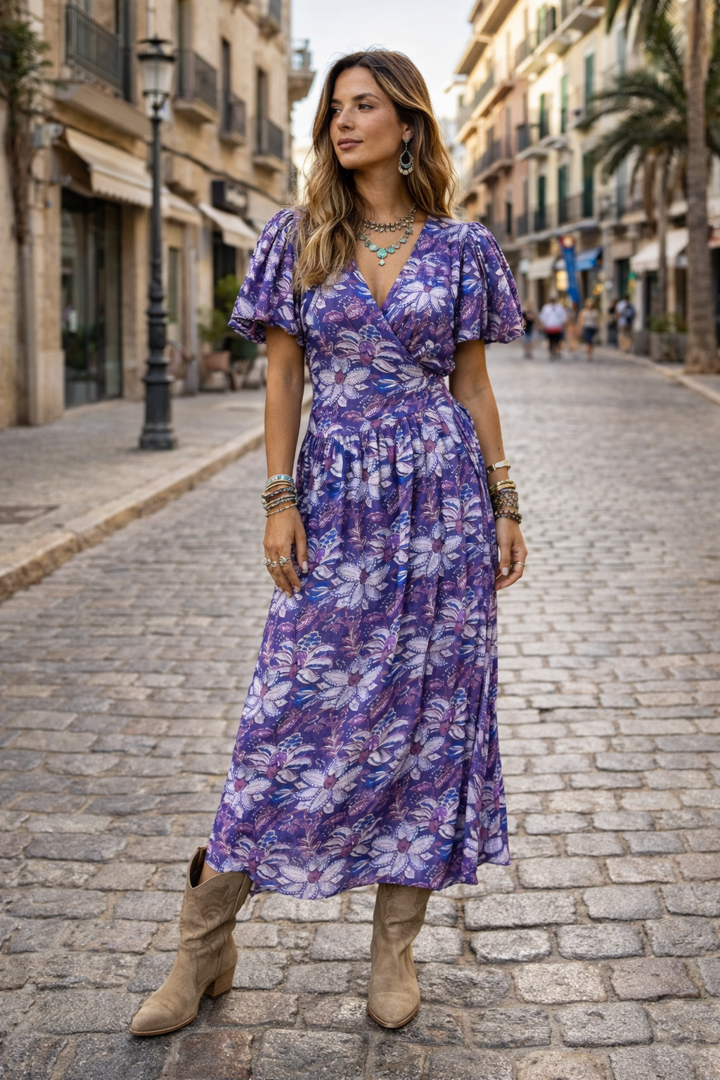 Lilian Wrap Dress - Puff sleeve wrap dress in a purple floral viscose satin, Maxi length