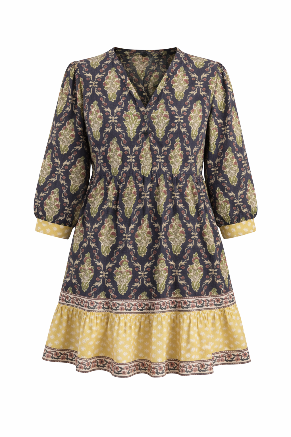 Bella Inky Knee length wood block printed dress with contrast border. 100% cotton with pockets and shell buttons