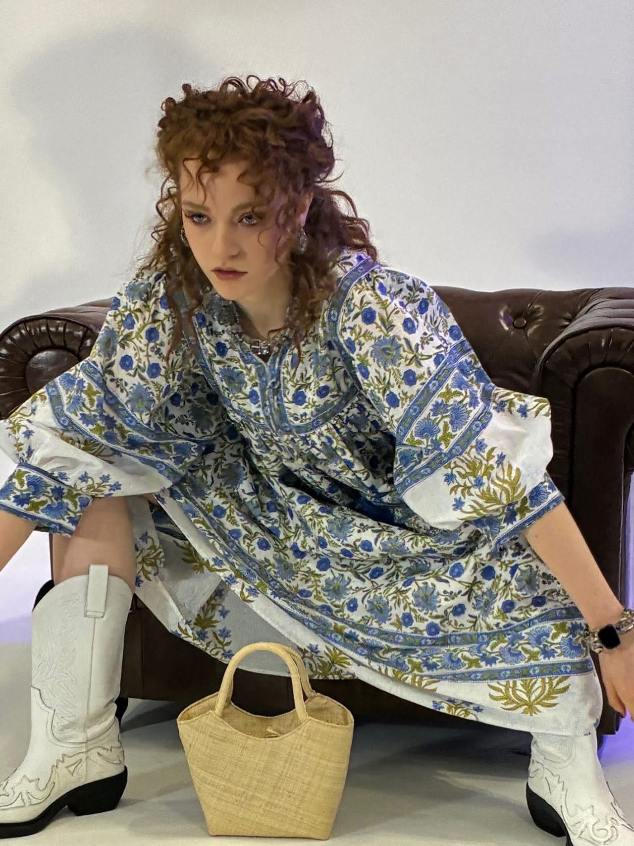 Amelia San Floral in Blue/Green Floaty sleeve maxi folk dress in woodblock print