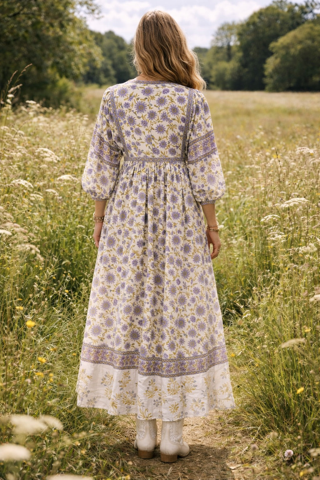 Amelia San Floral Lilac Floaty sleeve woodblock print with flowers, maxi dress