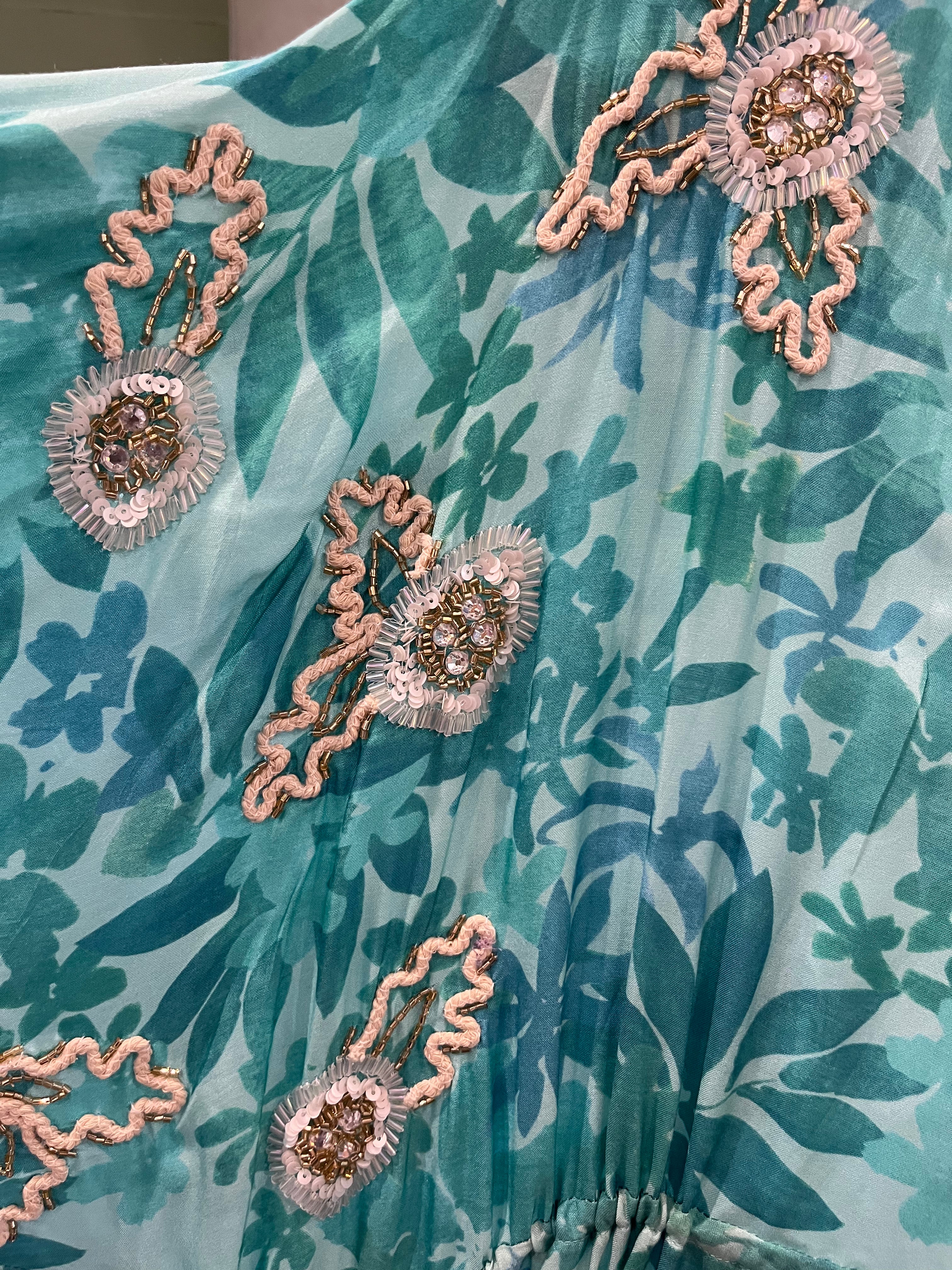 Caz Kaftan long in mint green, leaf print with hand embellishment