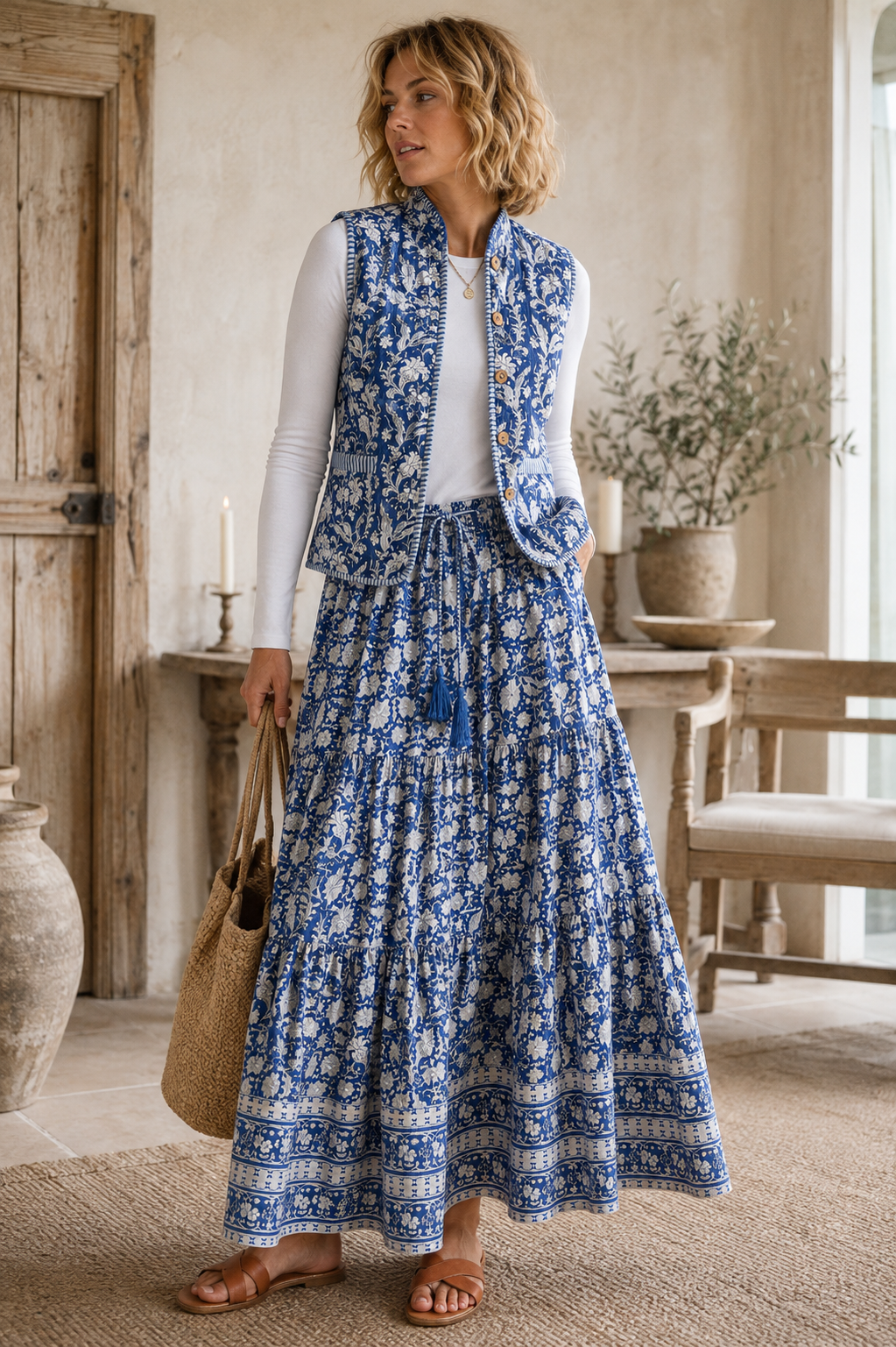 Blue LAVINIA woodblock printed waistcoat with contrast stripe lining