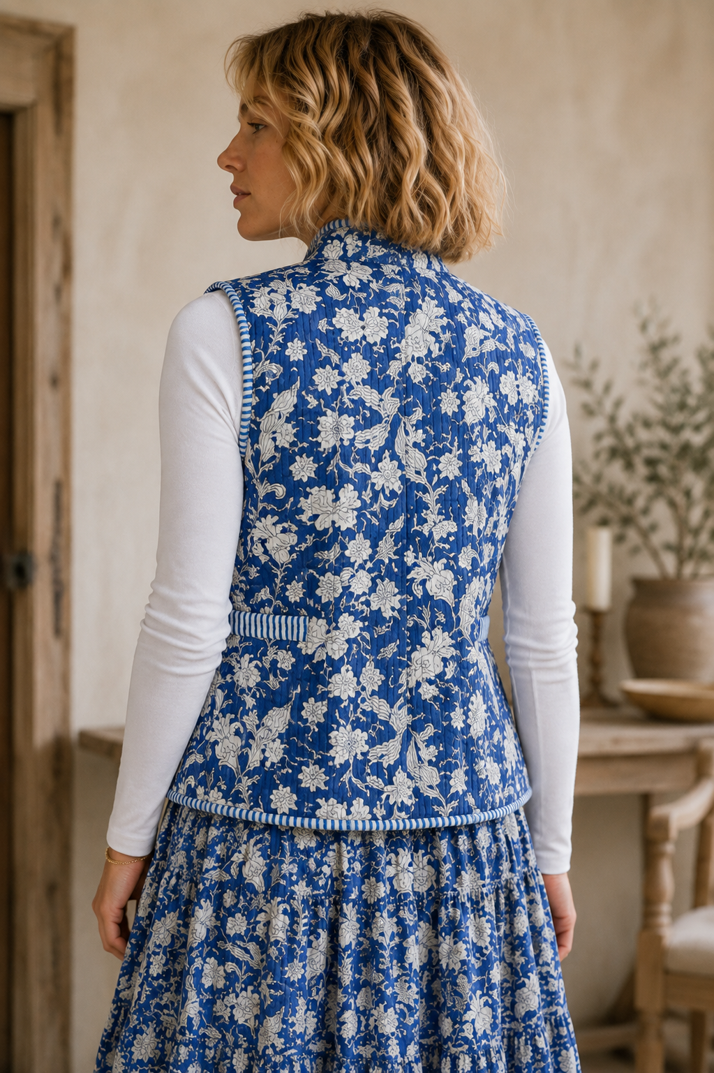 Blue LAVINIA woodblock printed waistcoat with contrast stripe lining