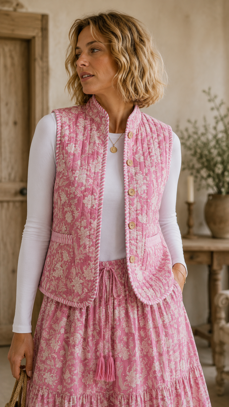 Pink LAVINIA Woodblock print waistcoat with contrast stripe lining .