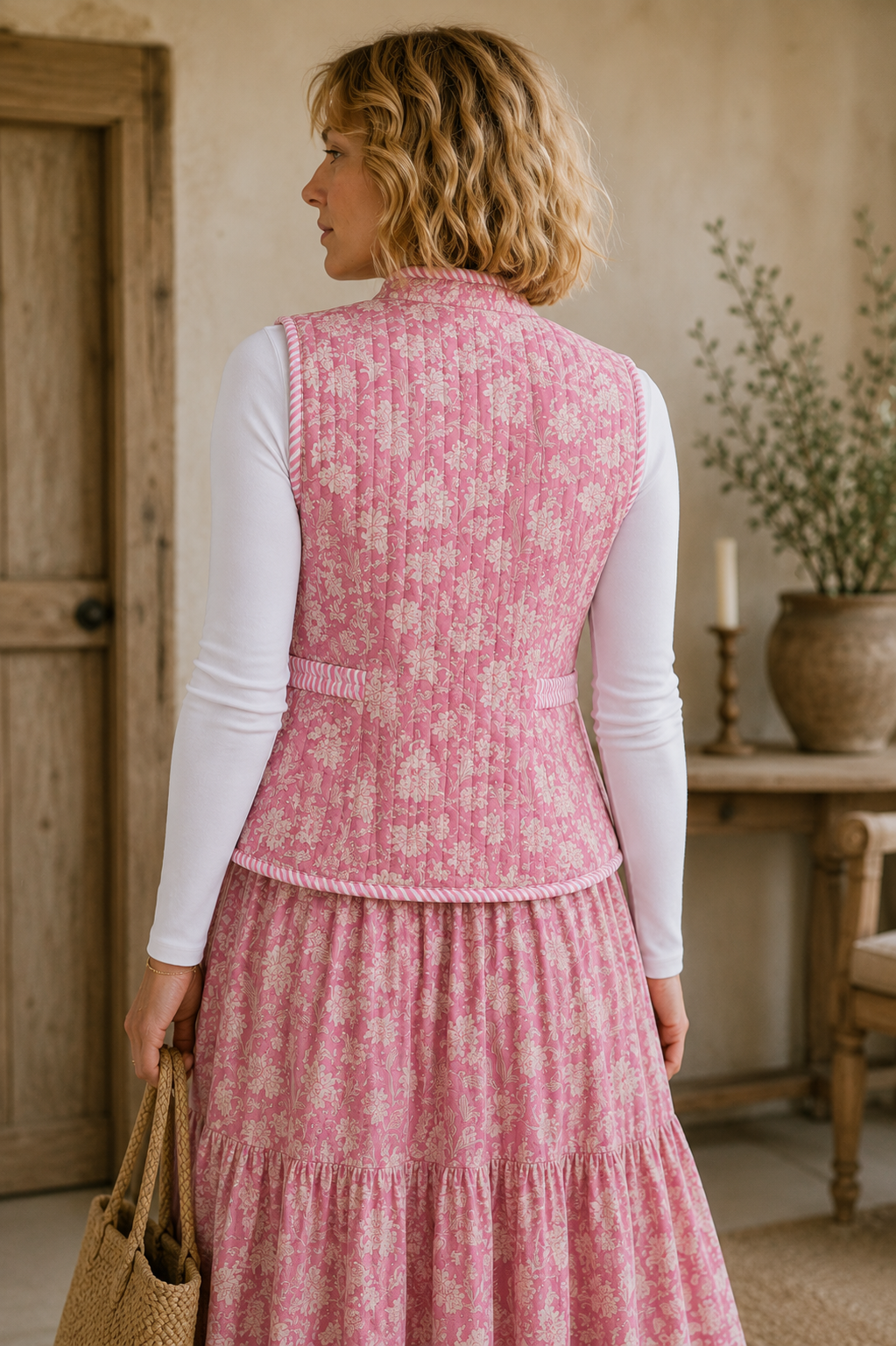 Pink LAVINIA Woodblock print waistcoat with contrast stripe lining .