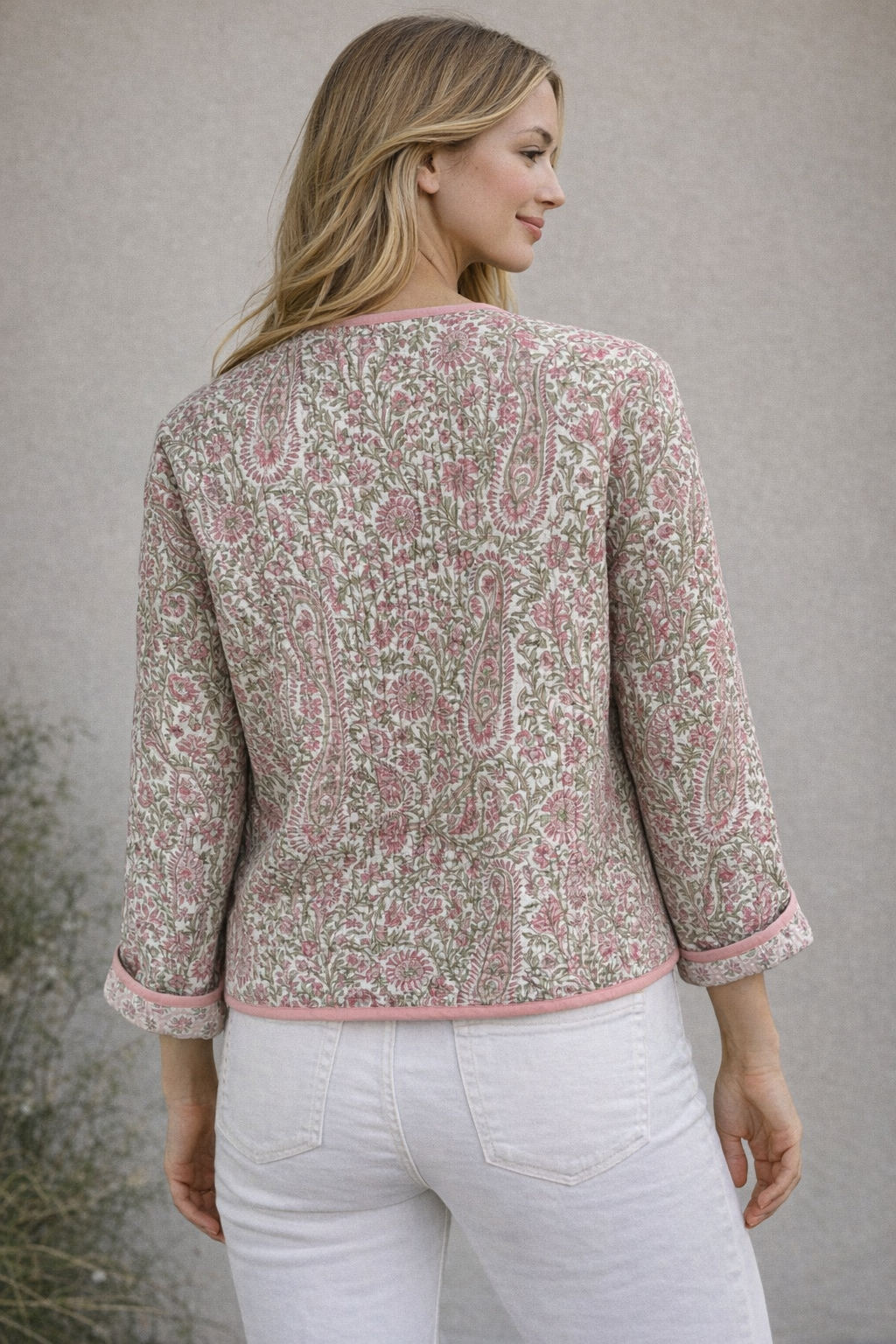 Pink/Green Floral wood block printed reversible jacket with wooden buttons, 100% cotton, hand printed by amazingly talented artisans in Jaipur.