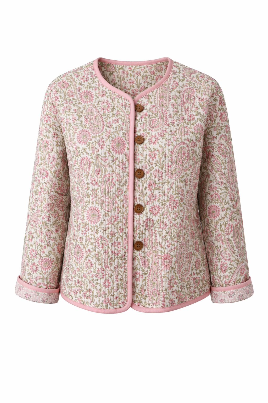 Pink/Green Floral wood block printed reversible jacket with wooden buttons, 100% cotton, hand printed by amazingly talented artisans in Jaipur.