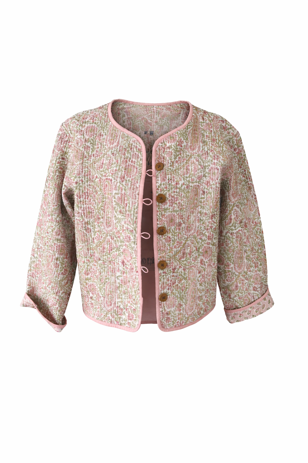 Pink/Green Floral wood block printed reversible jacket with wooden buttons, 100% cotton, hand printed by amazingly talented artisans in Jaipur.