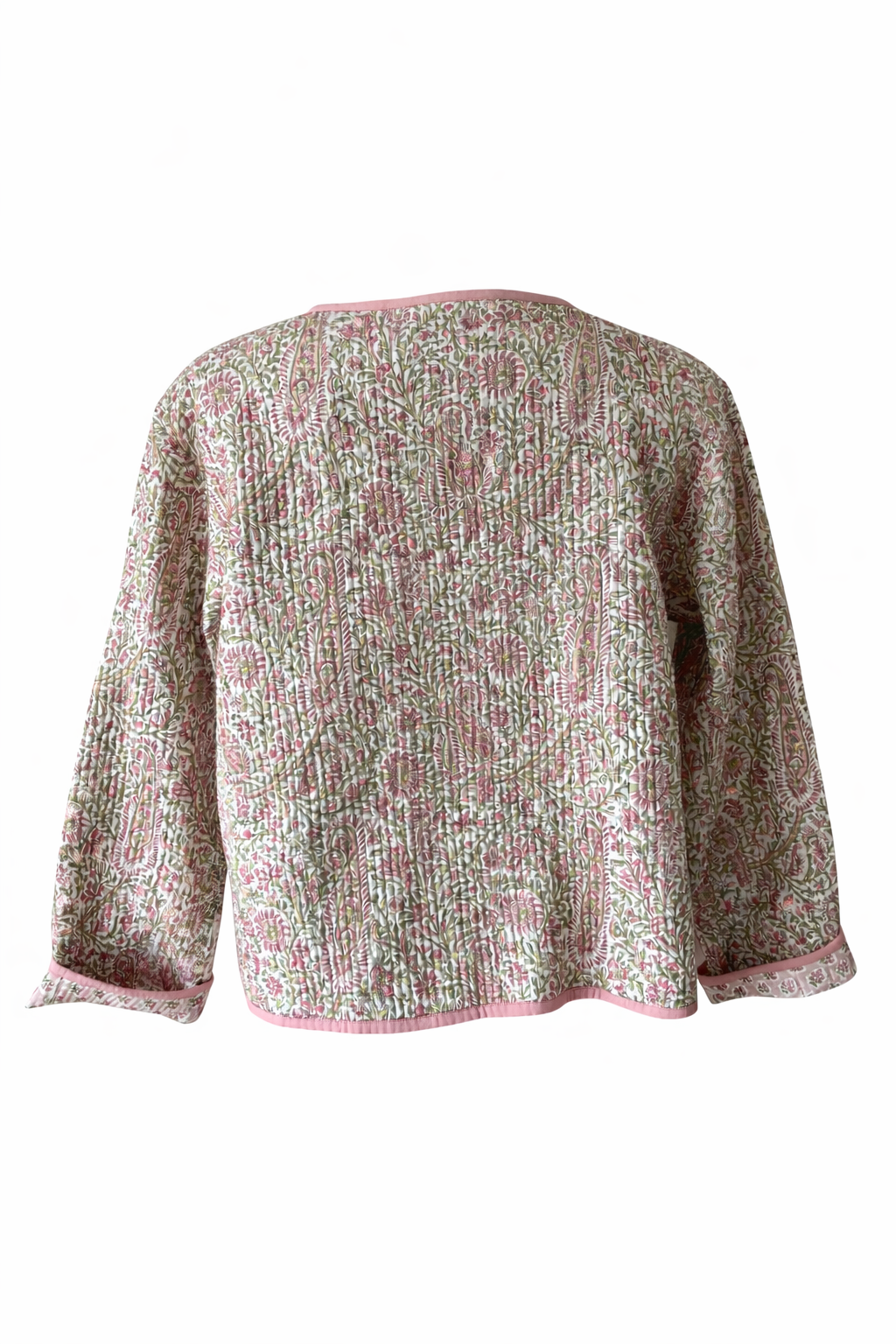 Pink/Green Floral wood block printed reversible jacket with wooden buttons, 100% cotton, hand printed by amazingly talented artisans in Jaipur.