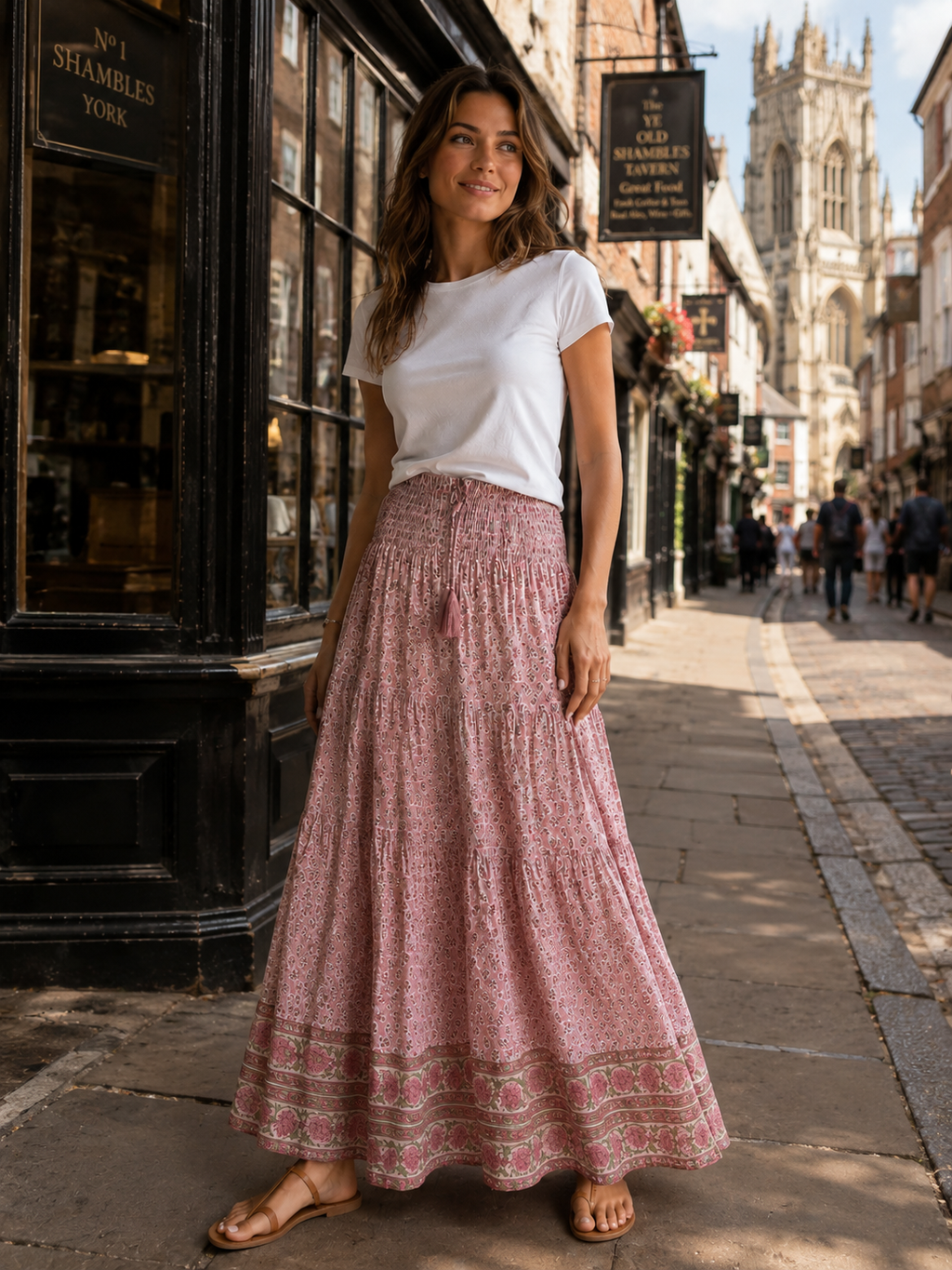 Pink floral woodblock skirt in cotton voile with lining .