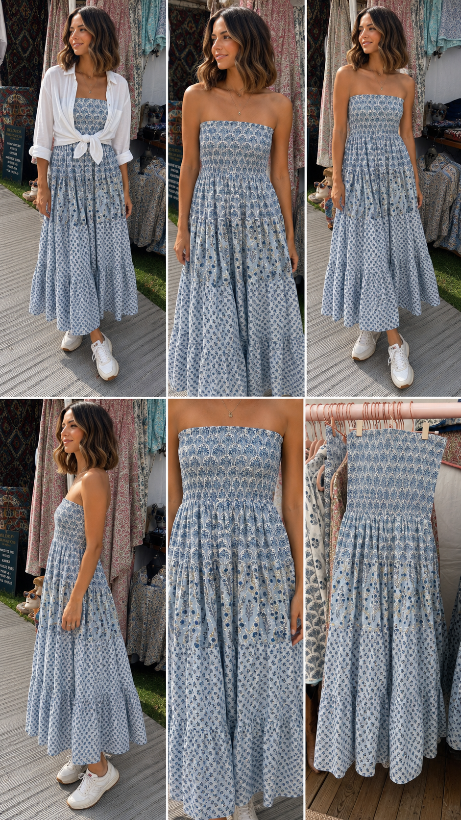 Shirred bodice blues sun dress in woodblock printed cotton voile. Can be worn as a sun dress or as a maxi skirt .