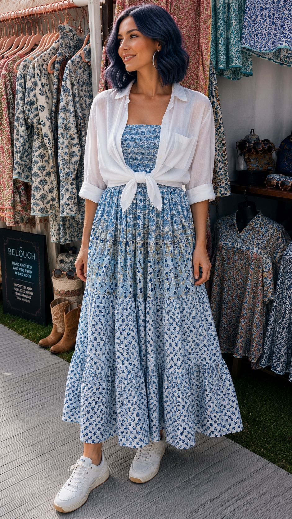 Shirred bodice blues sun dress in woodblock printed cotton voile. Can be worn as a sun dress or as a maxi skirt .
