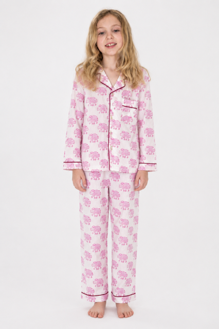 Kids Elephant print pyjamas in woodblock print cotton voile. Available in pink, blue & Green