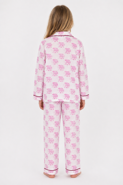 Kids Elephant print pyjamas in woodblock print cotton voile. Available in pink, blue & Green