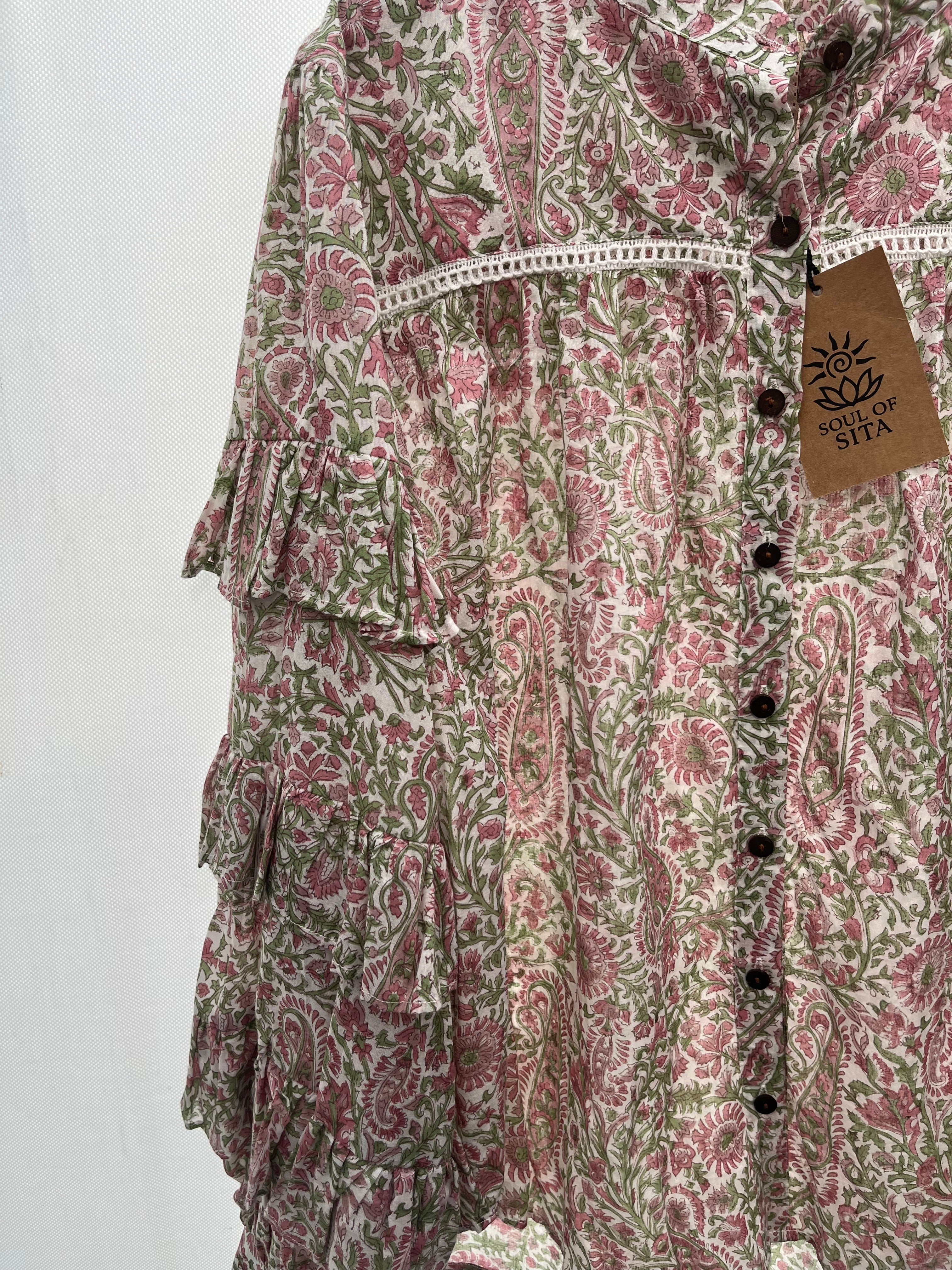 Liberty Woodblock printed frill sleeve blouse in pink paisley floral