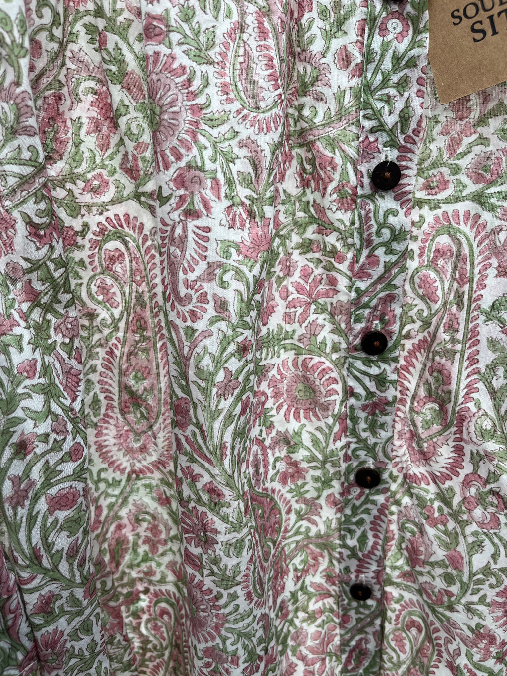 Liberty Woodblock printed frill sleeve blouse in pink paisley floral
