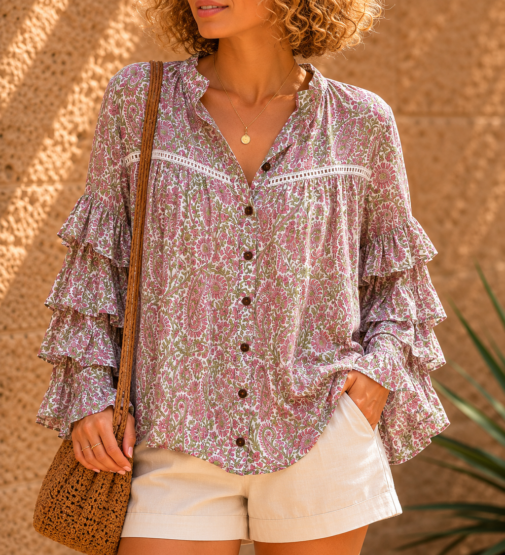 Liberty Woodblock printed frill sleeve blouse in pink paisley floral