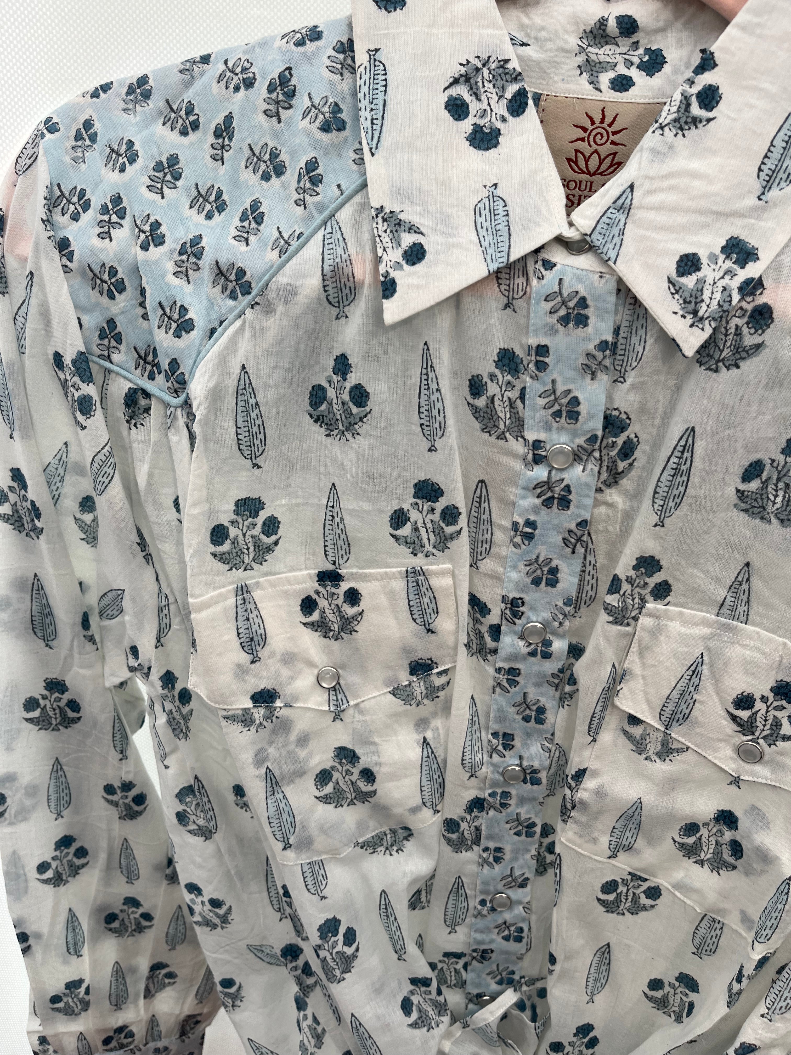 Western style woodblock printed cotton voile shirt
