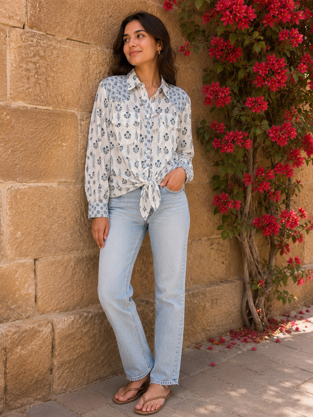 Western style woodblock printed cotton voile shirt